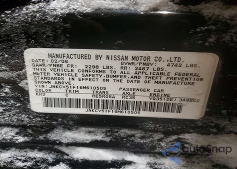 2006 Infiniti G35 z USA, uszkodzony, nr VIN JNKCV51F16M610505